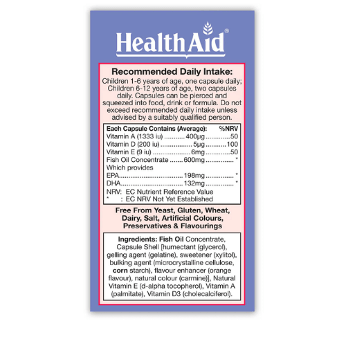 Health Aid® KidzOmega™ (Vit A,D,E, EPA 198mg, DHA 132mg) Chewable Capsules (60) - Image 2